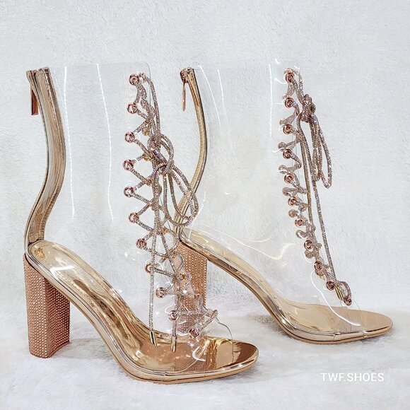 See Me Rose Gold Rhinestone Laces Heels Clear Upper Open Toe Ankle Boots NEW - Picture 9 of 13